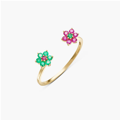 Star of Bethlehem Dual Flower Ring with Ruby and Emerald